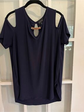 AUW Navy Cold Shoulder Top with Gold Accent